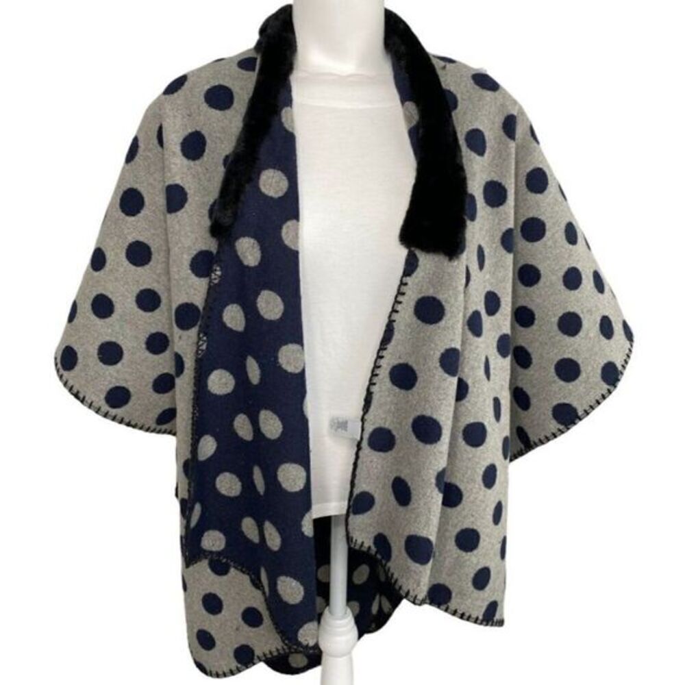 LOFT Cardigan Wrap Women's MEDIUM Blue Gray Polka Dots Faux-Fur Collar Draped